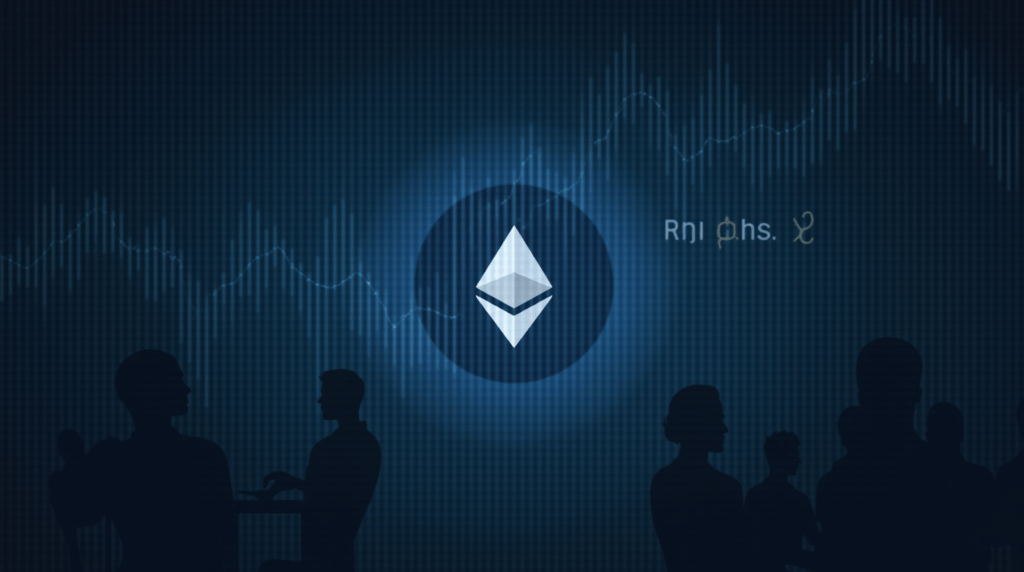 Ethereum logo, price chart with RSI 36 and support at 4000; silhouettes of whales and institutional traders.