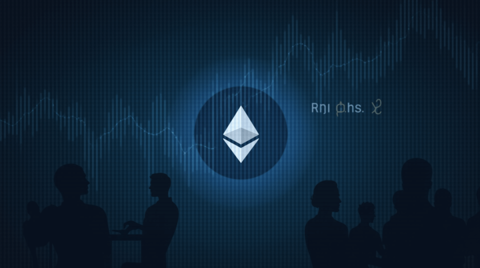Ethereum logo, price chart with RSI 36 and support at 4000; silhouettes of whales and institutional traders.