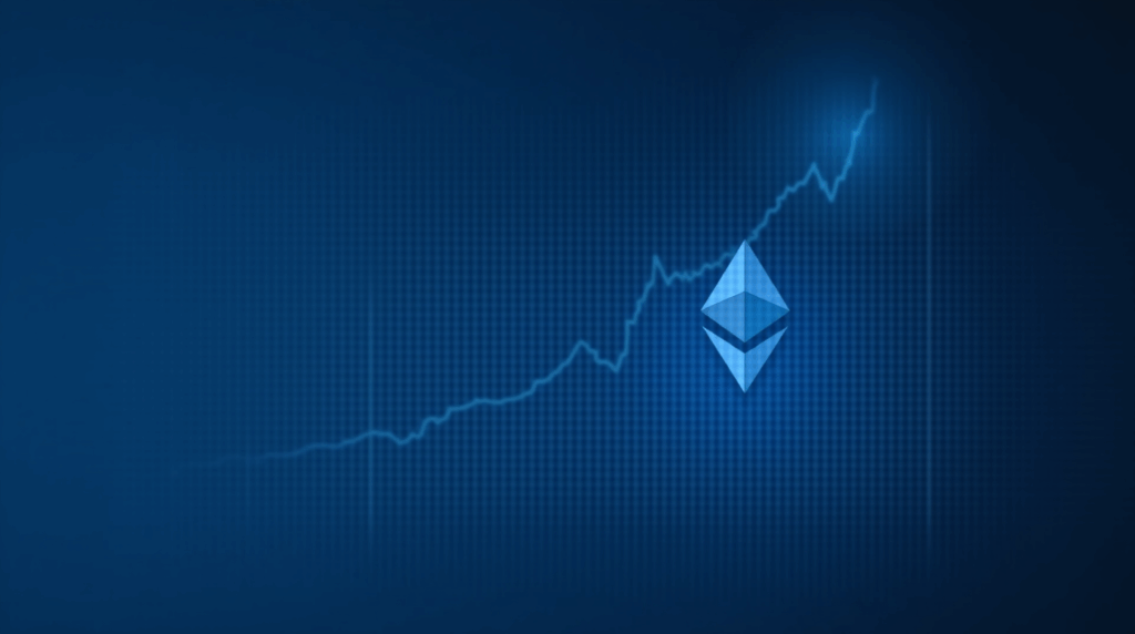 Photorealistic crypto header: Ethereum on the rise over a digital grid, subtle Fed rate cut chart in blue‑silver tones.
