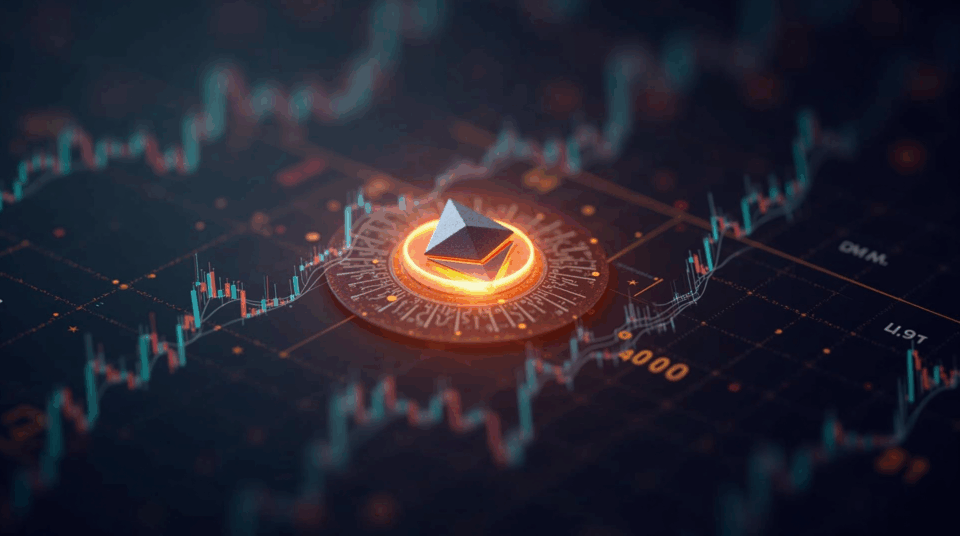 Realistic close-up of the Ethereum emblem shining, fading into an on-chain network with a price chart around 4000