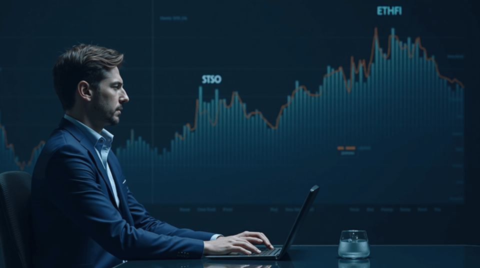 Newsroom analyst looking at a bearish chart; ETHFI rises with signs of institutional buying.