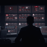 Analyst in a control room facing a red alert; screens show 60 fake IT profiles linked to Lazarus in crypto