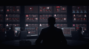 Analyst in a control room facing a red alert; screens show 60 fake IT profiles linked to Lazarus in crypto