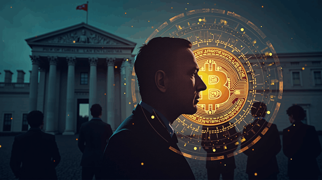 Silhouette of Nigel Farage merged with Bitcoin and blockchain circuits, Bank of England in the background and diverse voters in front
