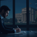 Crypto analyst at desk with glowing charts; Fed building reflected in glass for a finance news header.