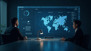 Executive in a boardroom observing a holographic dashboard with Bitcoin and AI data, modern lighting.