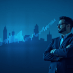 Skyscrapers with a blockchain overlay and an upward-trending stock chart; CEO in front of a Nasdaq-style logo.