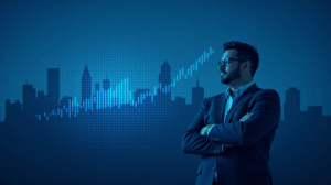 Skyscrapers with a blockchain overlay and an upward-trending stock chart; CEO in front of a Nasdaq-style logo.