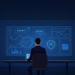 Financial analyst in front of a modern desk, with charts of USDH and HYPE on the screen, background with blockchain grid and regulatory shield.