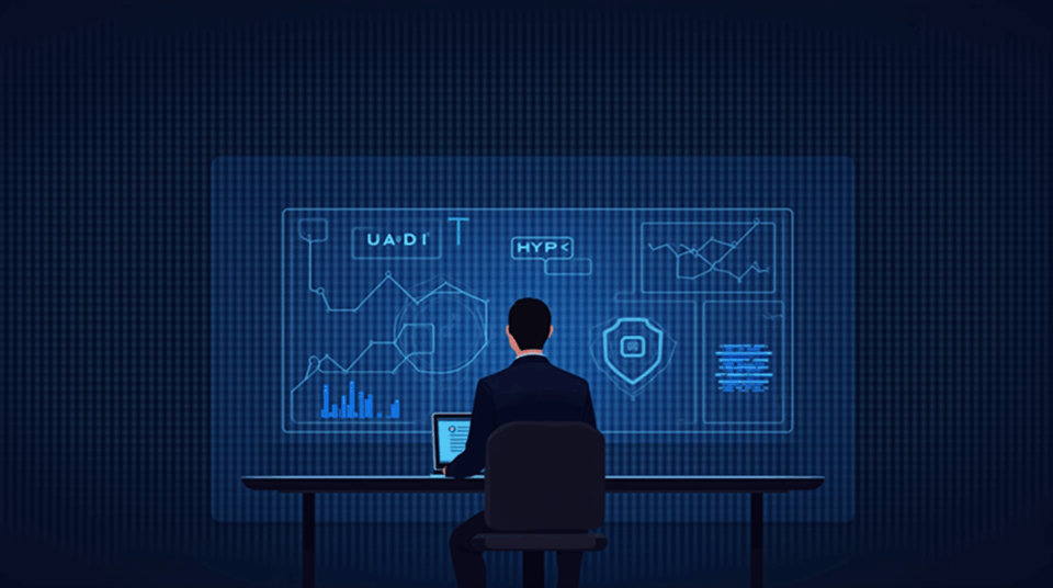 Financial analyst in front of a modern desk, with charts of USDH and HYPE on the screen, background with blockchain grid and regulatory shield.