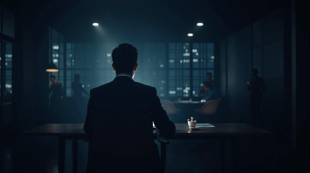Fintech executive in a modern office, bright blockchain rails and tokenized assets flowing on‑chain