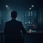 Fintech executive in a modern office, bright blockchain rails and tokenized assets flowing on‑chain