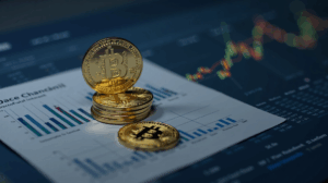 Dogecoin coin on a bullish chart, next to a regulatory document and a modern trading desk.
