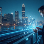 Photorealistic central banker examines a glowing holographic ledger for tokenized CBDC payments amid a futuristic cityscape.
