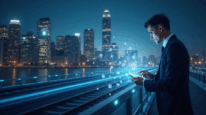 Photorealistic central banker examines a glowing holographic ledger for tokenized CBDC payments amid a futuristic cityscape.