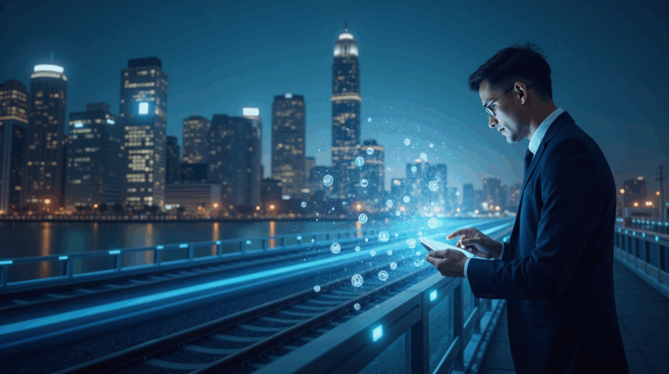 Photorealistic central banker examines a glowing holographic ledger for tokenized CBDC payments amid a futuristic cityscape.