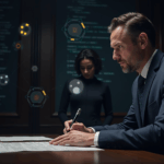 Courtroom scene: lawyer, holograms of digital accounting records, crypto logos and documents on the table