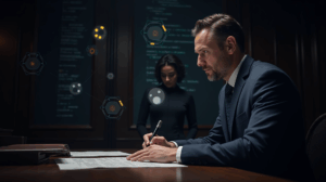 Courtroom scene: lawyer, holograms of digital accounting records, crypto logos and documents on the table