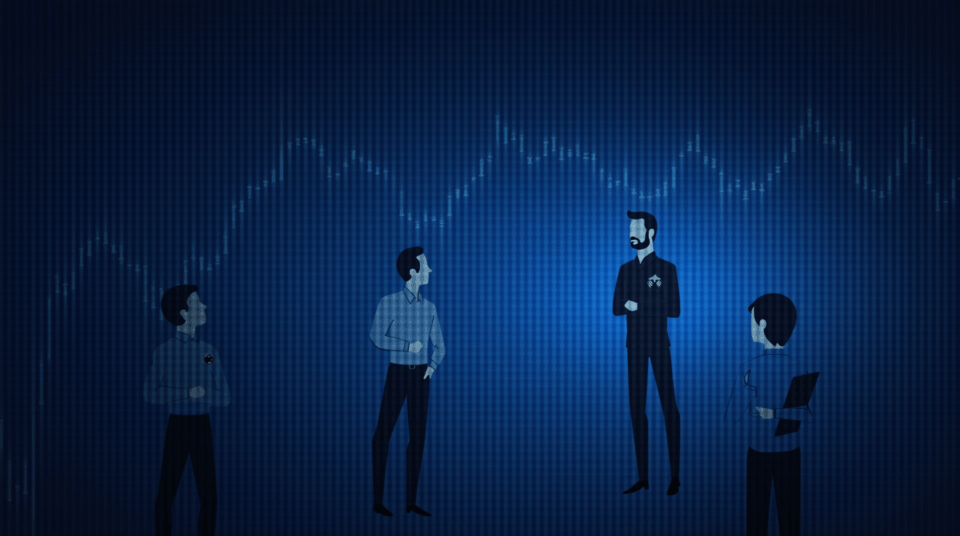 Executives of Galaxy Digital observing a tokenized money market fund, with Ethereum, Solana and Stellar logos.