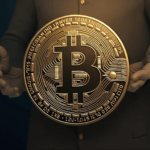 Photorealistic digital USD stablecoin with circuit patterns, regulator silhouette, and broken chains.
