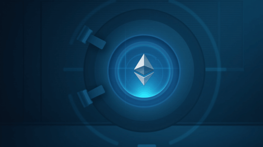 Gray symbol of staked Ether pointing toward a luminous vault, with blurred SEC documents in the background and a crypto-blue tone.