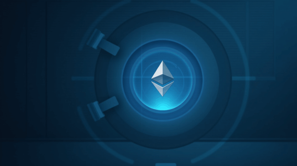 Gray symbol of staked Ether pointing toward a luminous vault, with blurred SEC documents in the background and a crypto-blue tone.