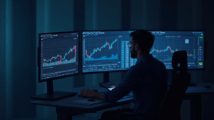 Cryptocurrency analyst at a modern desk, in front of multiple screens with real-time charts and the Grok 4 interface generating AI-powered signals.