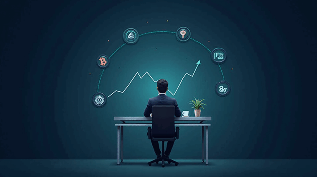Financial analyst in front of an ETF chart with BTC, ETH, XRP, SOL and XLM icons, SEC regulatory background.