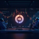 HBAR logo in the center over a chart falling below 0.21, institutional traders in a newsroom.