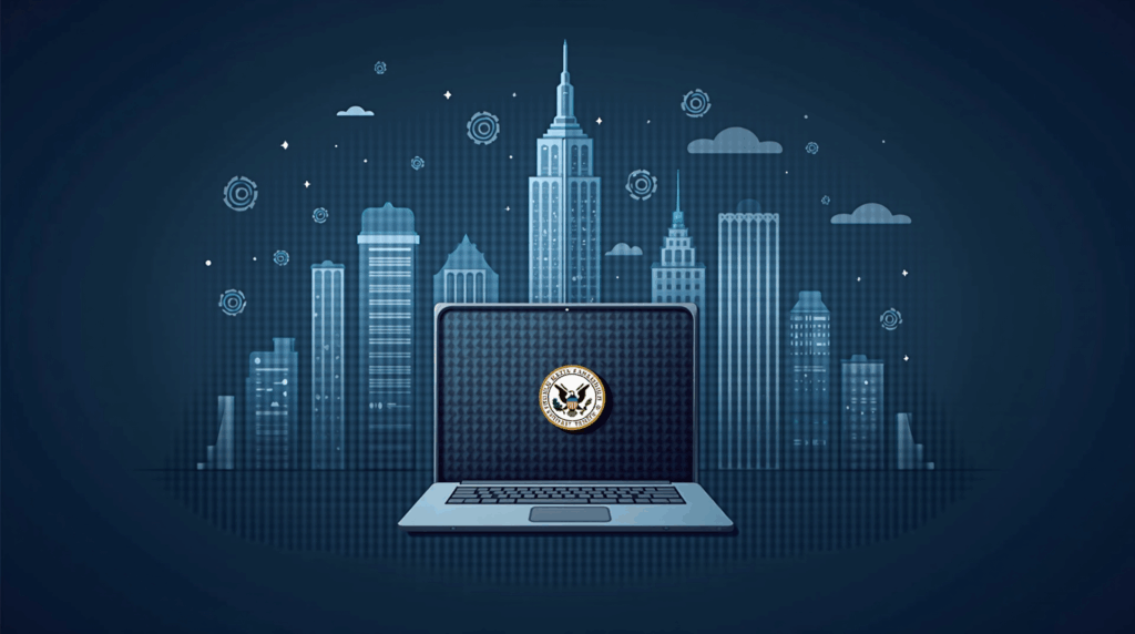 Crypto cover: futuristic city with blockchain nodes, silhouette of a wallet and the SEC seal.
