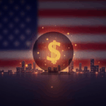 Background with U.S. flag, illuminated golden token and skyscrapers, suggestive of regulated stablecoins.
