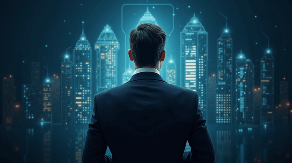 Executive in a suit in front of glass towers, Bitcoin hologram and banks in the background, symbolizing institutional adoption.
