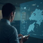 Financial professional in a Hong Kong office reviews a digital map of 1:1 stablecoins, illustrating strict regulation and cautious adoption