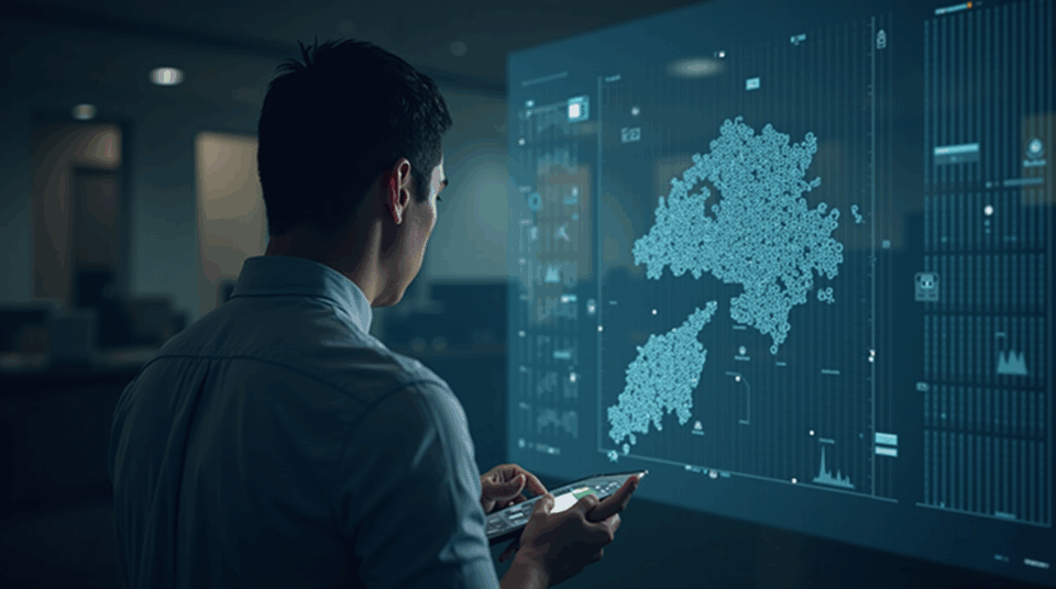Financial professional in a Hong Kong office reviews a digital map of 1:1 stablecoins, illustrating strict regulation and cautious adoption