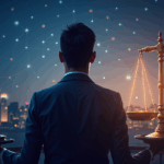 Professional in front of the Hong Kong skyline, with a glowing blockchain network and regulatory scales tilted toward China.