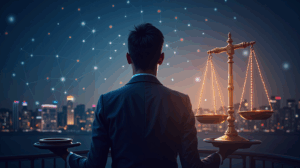 Professional in front of the Hong Kong skyline, with a glowing blockchain network and regulatory scales tilted toward China.