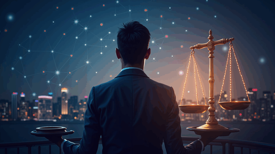Professional in front of the Hong Kong skyline, with a glowing blockchain network and regulatory scales tilted toward China.