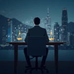 Cryptocurrency trader at a desk with scales and stablecoin symbols, Hong Kong skyline in the background.