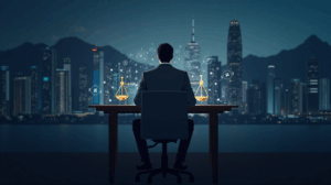 Cryptocurrency trader at a desk with scales and stablecoin symbols, Hong Kong skyline in the background.