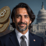 Photorealistic portrait of Ian Calderon, candidate for governor of California, with Bitcoin and the Capitol in the background.