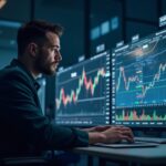 Realistic trading desk with a focused trader, holographic BTC options chart and IBIT and Deribit panels.