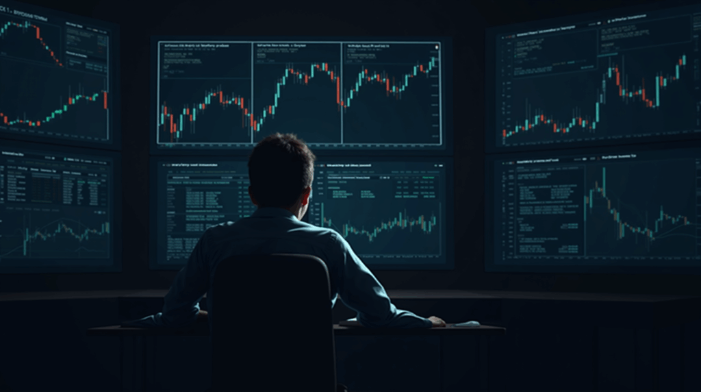 Trader in a news room in front of IBIT and Bitcoin screens, red peaks of puts and green peaks of calls, bearish signal.