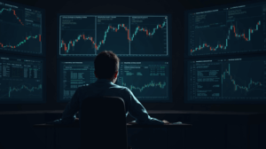 Trader in a news room in front of IBIT and Bitcoin screens, red peaks of puts and green peaks of calls, bearish signal.