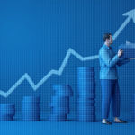 Photorealistic crypto header: fiat shrinking, rising inflation and a person with a crypto wallet in blue tones.