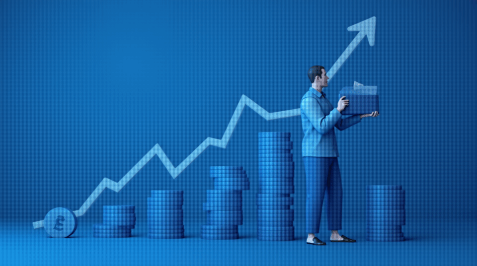 Photorealistic crypto header: fiat shrinking, rising inflation and a person with a crypto wallet in blue tones.