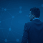 Banker in the foreground with a cryptocurrency network superimposed and a blue regulatory background.