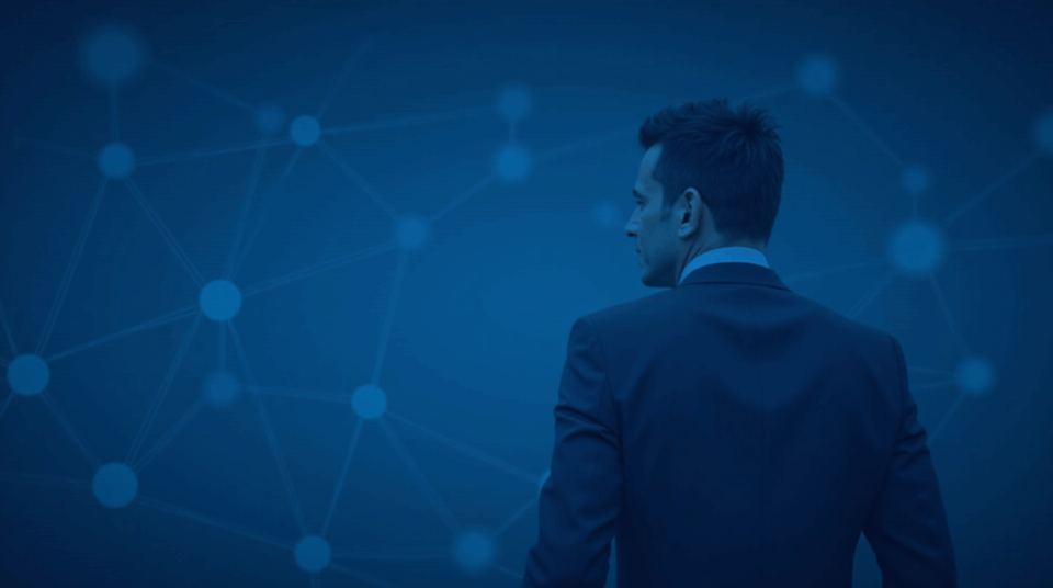 Banker in the foreground with a cryptocurrency network superimposed and a blue regulatory background.