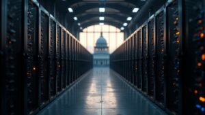 Bitcoin mining farm in a warehouse, rows of gleaming rigs and equipment in the foreground; silhouette of a courthouse in the background.