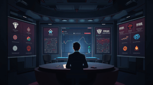Analyst in a news room; screens with Tesla fading and crypto symbols, reflecting South Korea's liquidity.