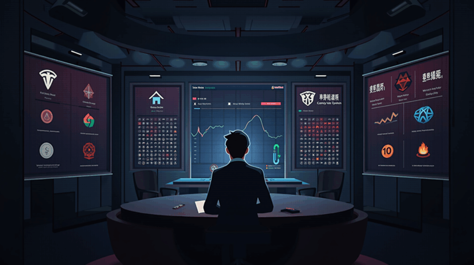 Analyst in a news room; screens with Tesla fading and crypto symbols, reflecting South Korea's liquidity.
